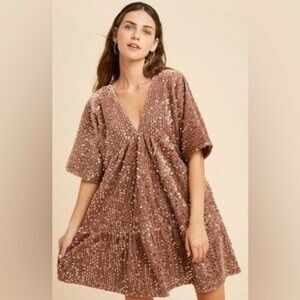 Sequin V-Neck Swing Dress in Rose Gold